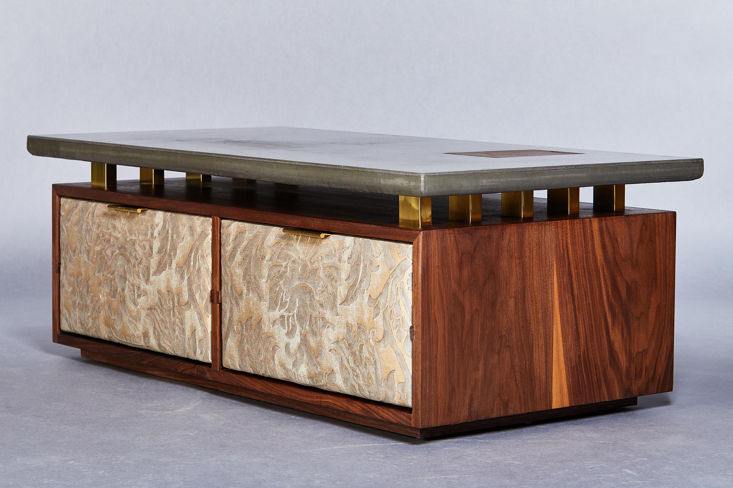 Contemporary Modern Concrete Brass and Walnut Coffee Table with Sliding Drawers and Stash Box For Sale