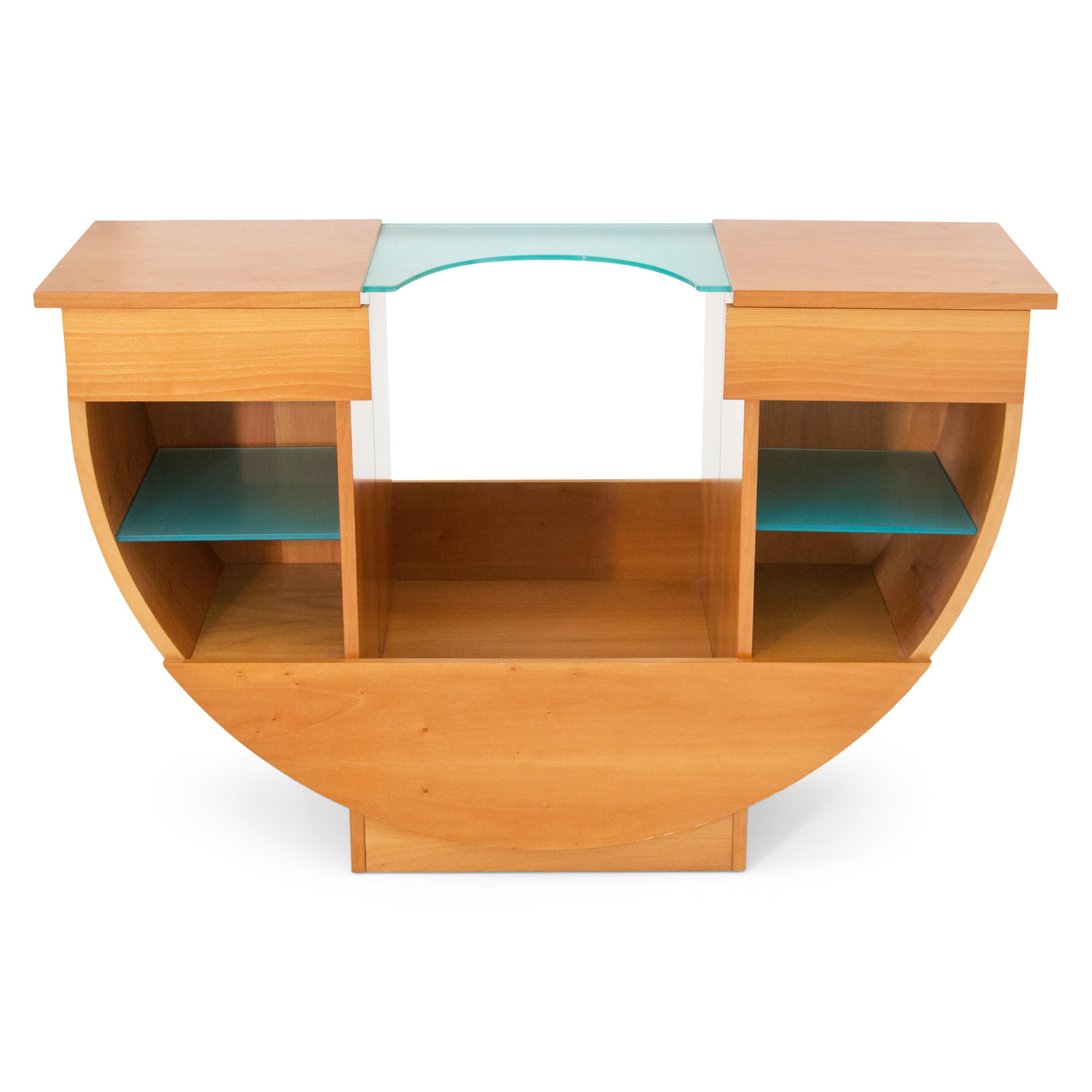 Modern Italian console in cherrywood and glass with two drawers.