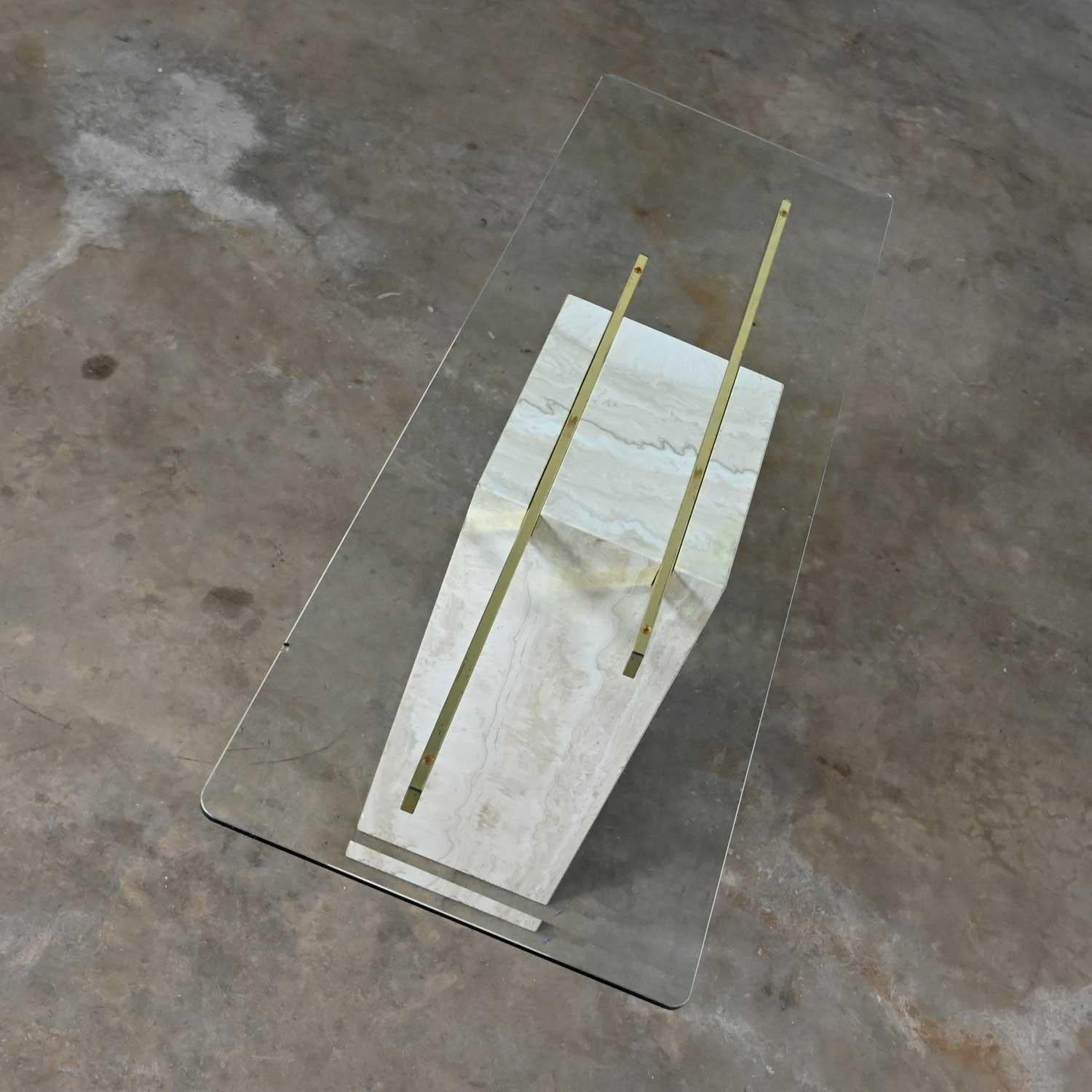 Moderner Konsolen-Sofatisch aus Travertin und Messing mit Glasplatte im Stil Artedi im Angebot 3
