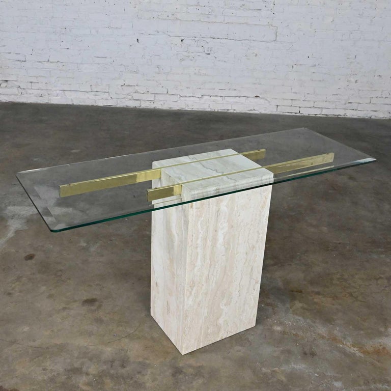 Modern Console Sofa Table Travertine & Brass Plate with Glass Top Style Artedi For Sale 4