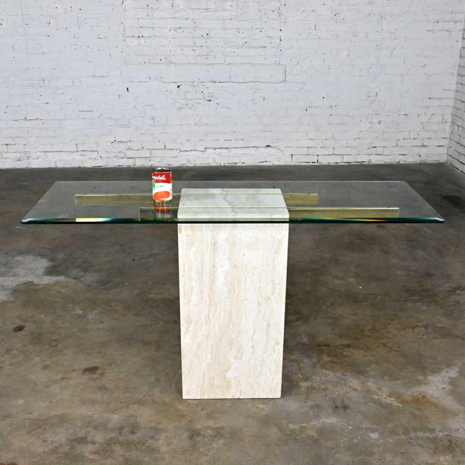 Table console moderne en travertin et laiton avec plateau en verre style Artedi en vente 4
