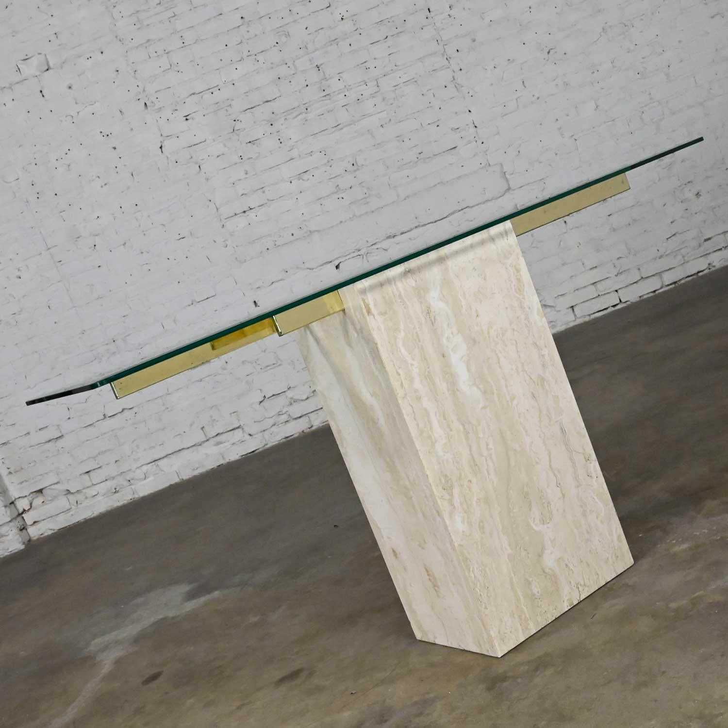 Table console moderne en travertin et laiton avec plateau en verre style Artedi en vente 5