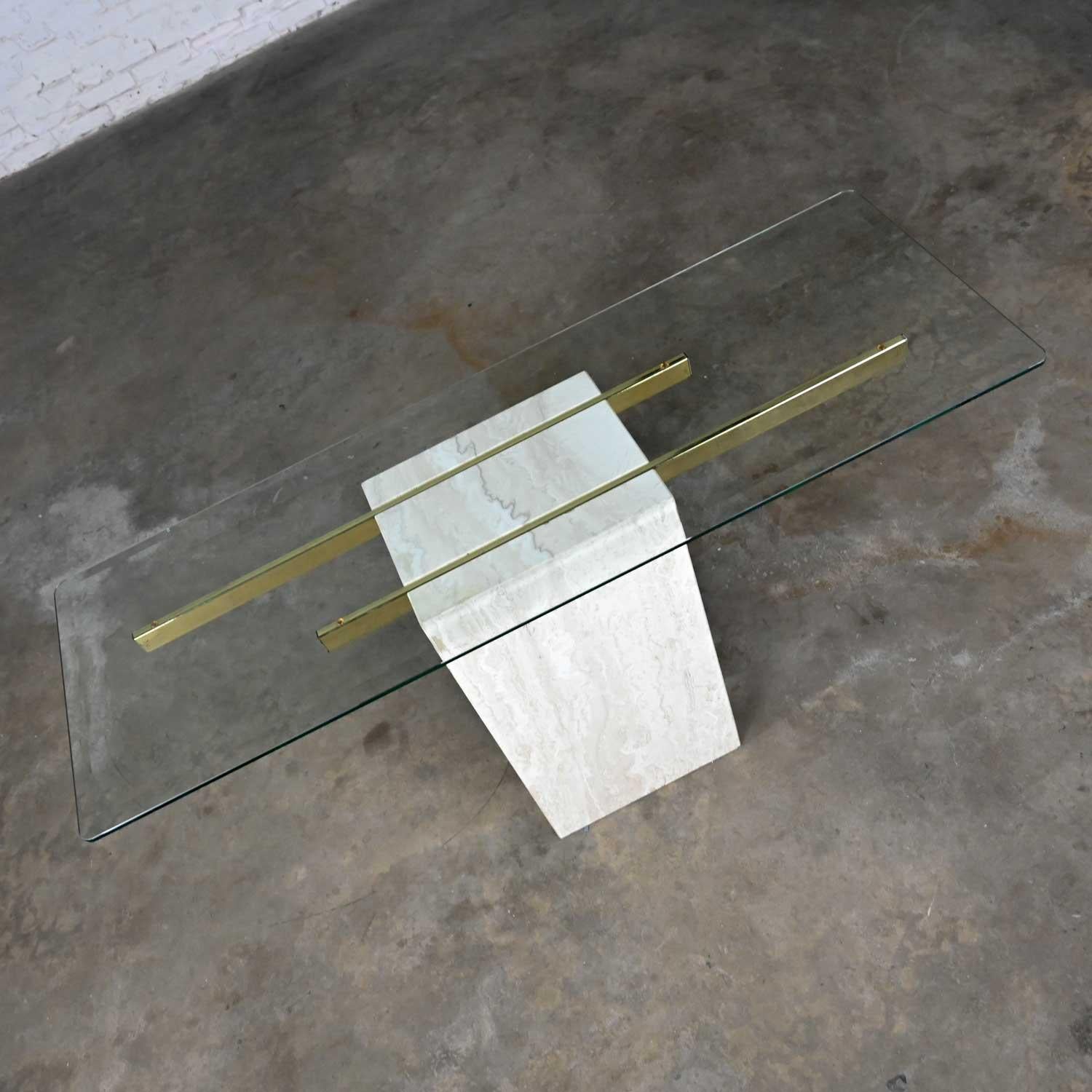 Moderne Table console moderne en travertin et laiton avec plateau en verre style Artedi en vente