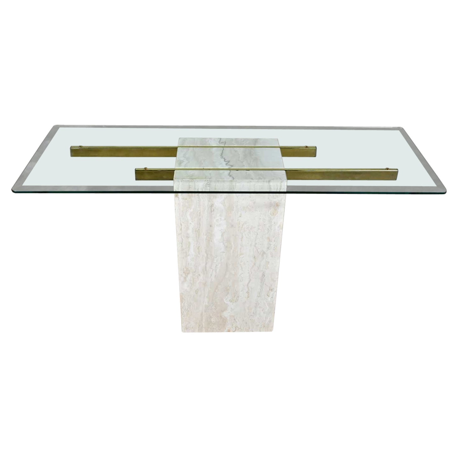 Modern Console Sofa Table Travertine & Brass Plate with Glass Top Style Artedi