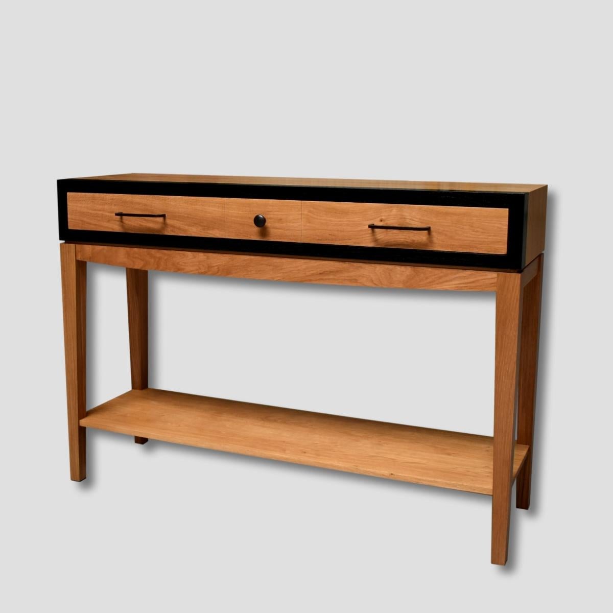 Hand-Crafted Modern Console Table in French Oak with 1 Drawer by Designer C. Lecomte For Sale