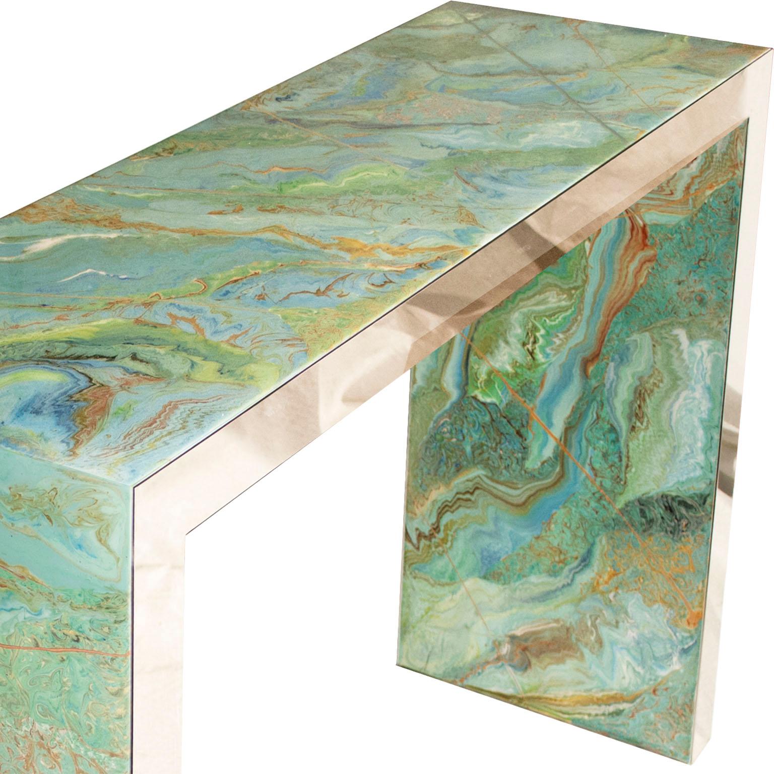 Polished Modern Console Table Marbled Green Scagliola Art Decoration Handmade Steel Frame