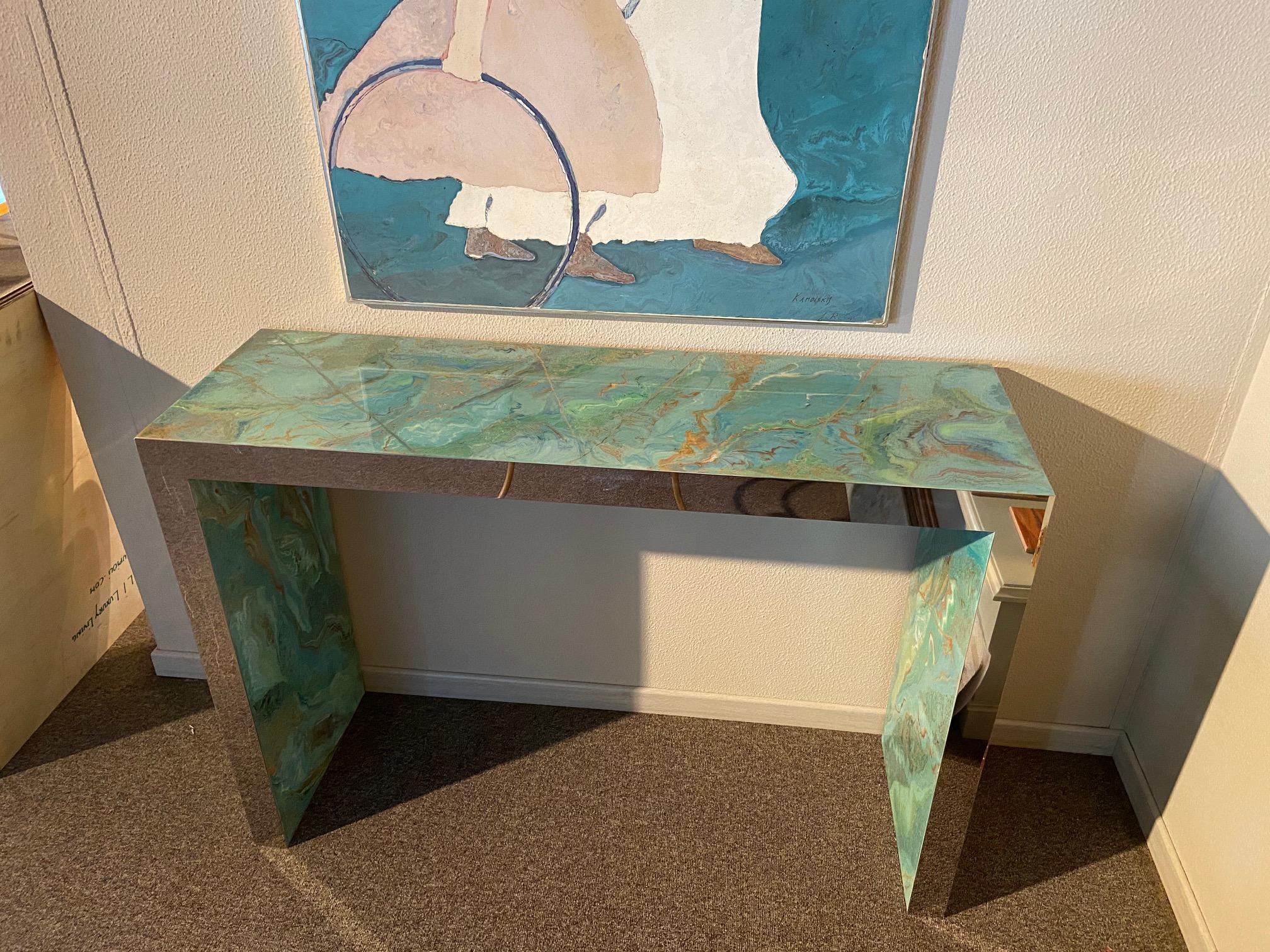 Hand-Crafted Modern Console Table Marbled Green Scagliola art Decoration handmade Steel Frame