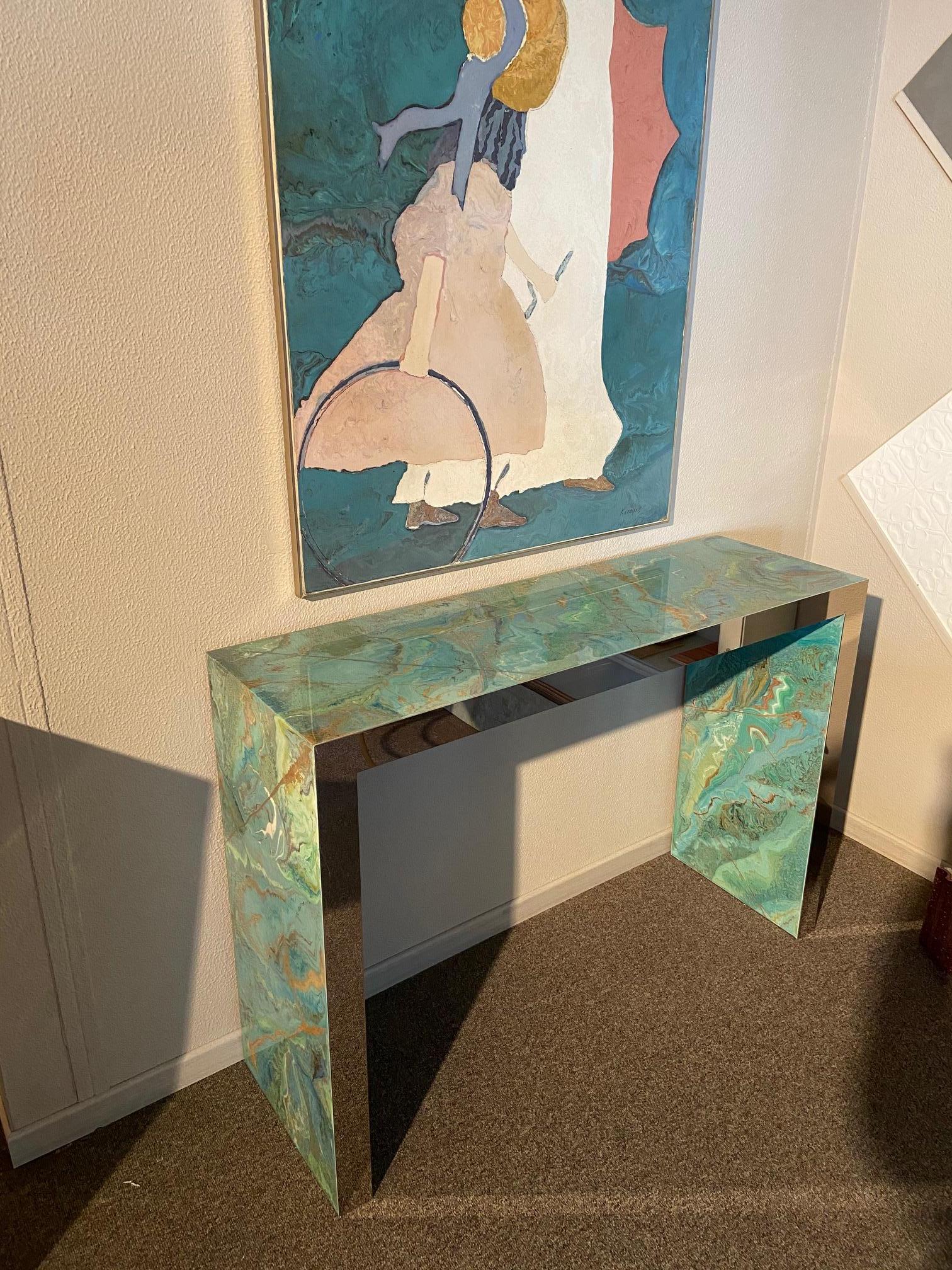 Modern Console Table Marbled Green Scagliola art Decoration handmade Steel Frame In New Condition In Rimini, IT