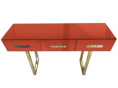 Modern Console Table with Orange Mirror Murano Glass and Brass Finish, Available