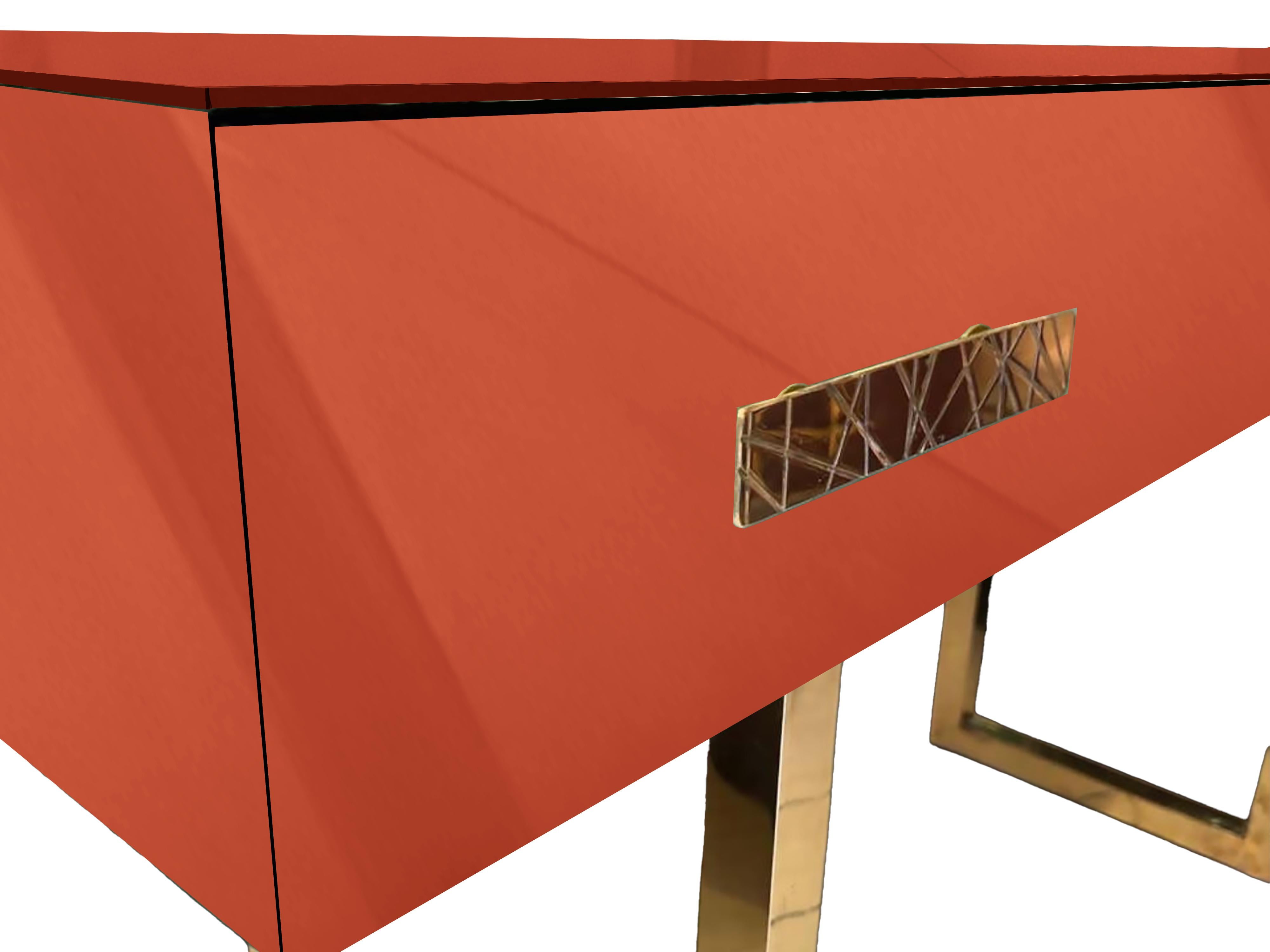 Mid-Century Modern Modern Console Table with Orange Mirror Murano Glass and Brass Finish, Available For Sale