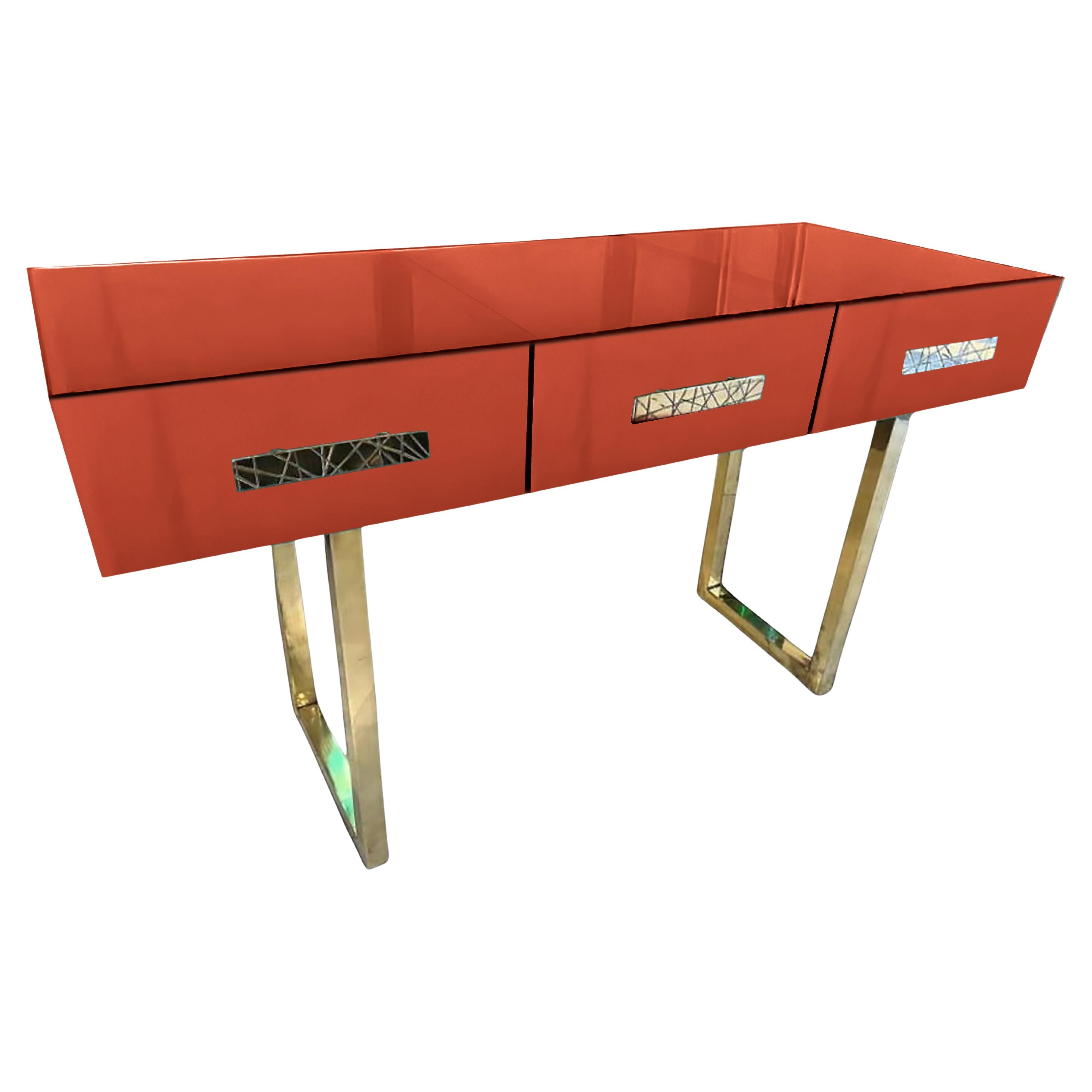 Modern Console Table with Orange Mirror Murano Glass and Brass Finish, Available
