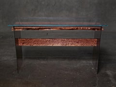 Modern Console Table with Quilted Black Walnut, Steel Frame and Glass: Tiger