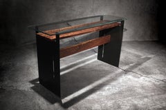 Modern Console Table with Quilted Black Walnut, Steel Frame and Glass: Tiger