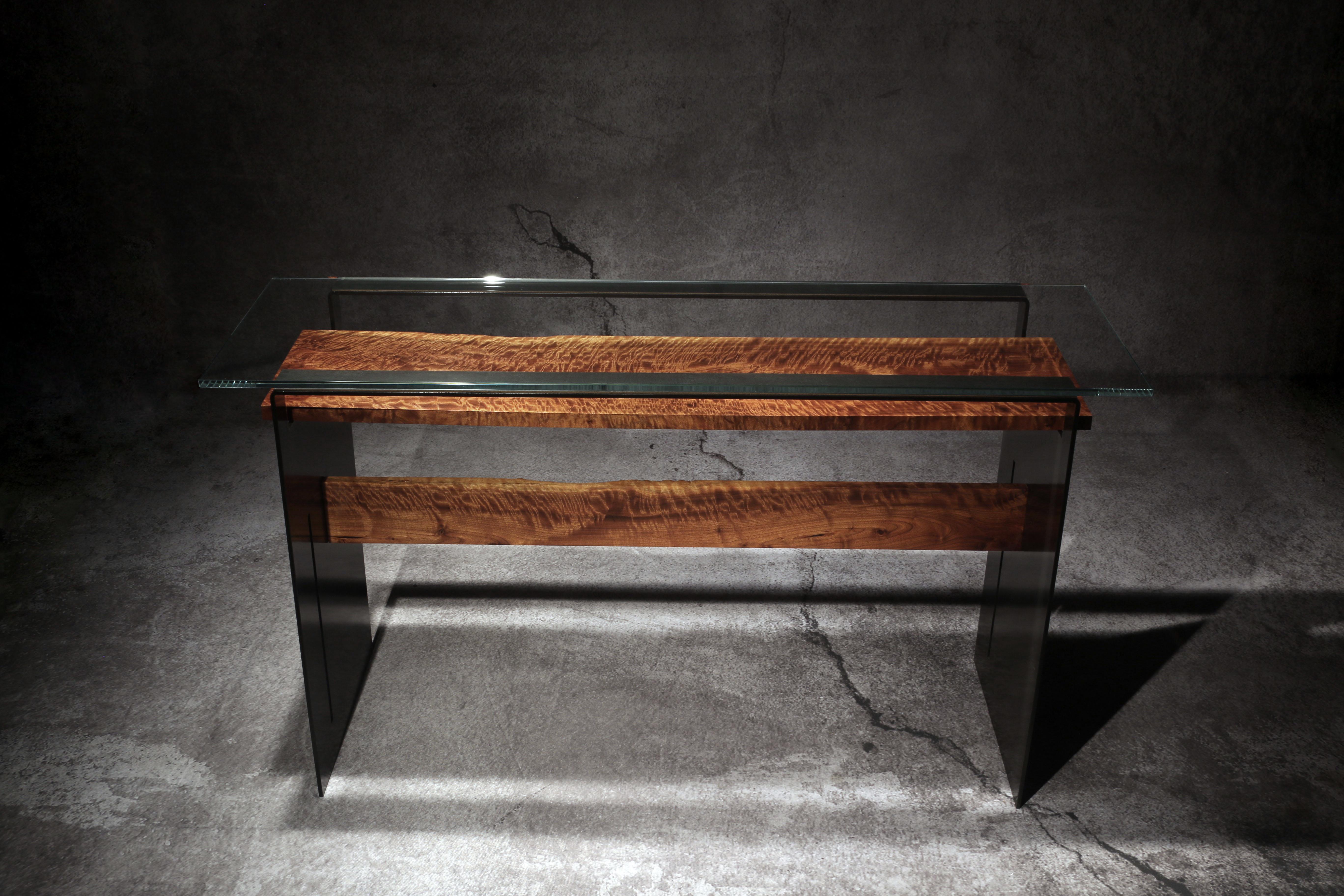 Organic Modern Modern Console Table with Quilted Black Walnut, Steel Frame and Glass: Tiger For Sale