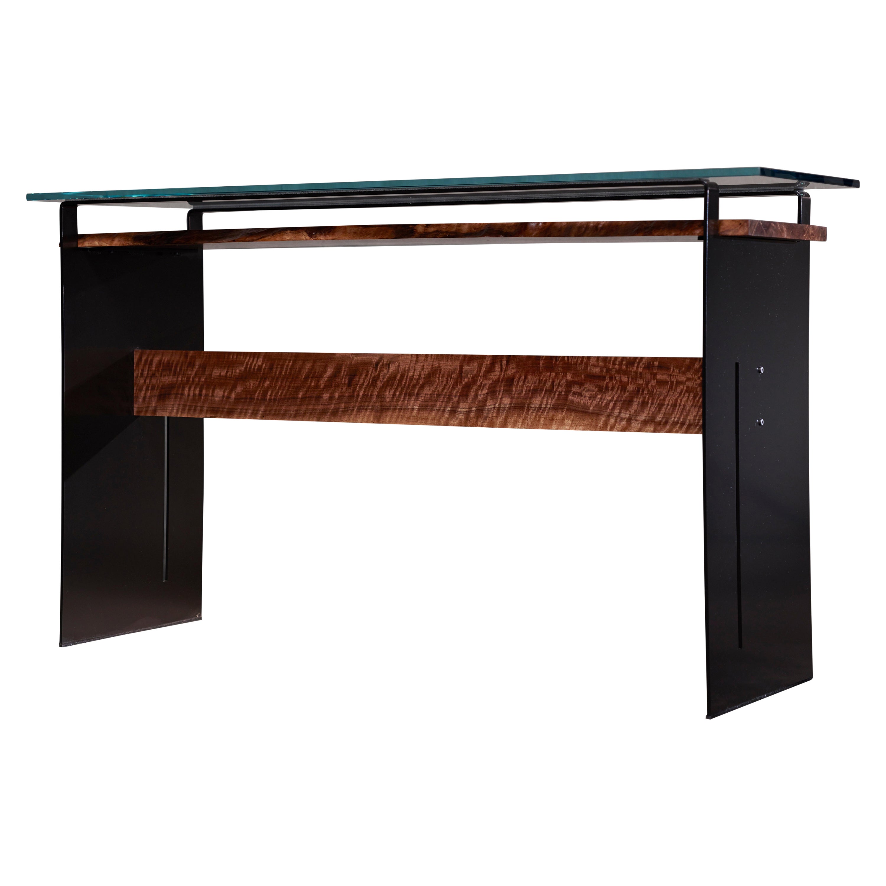 Modern Console Table with Quilted Black Walnut, Steel Frame and Glass: Tiger For Sale