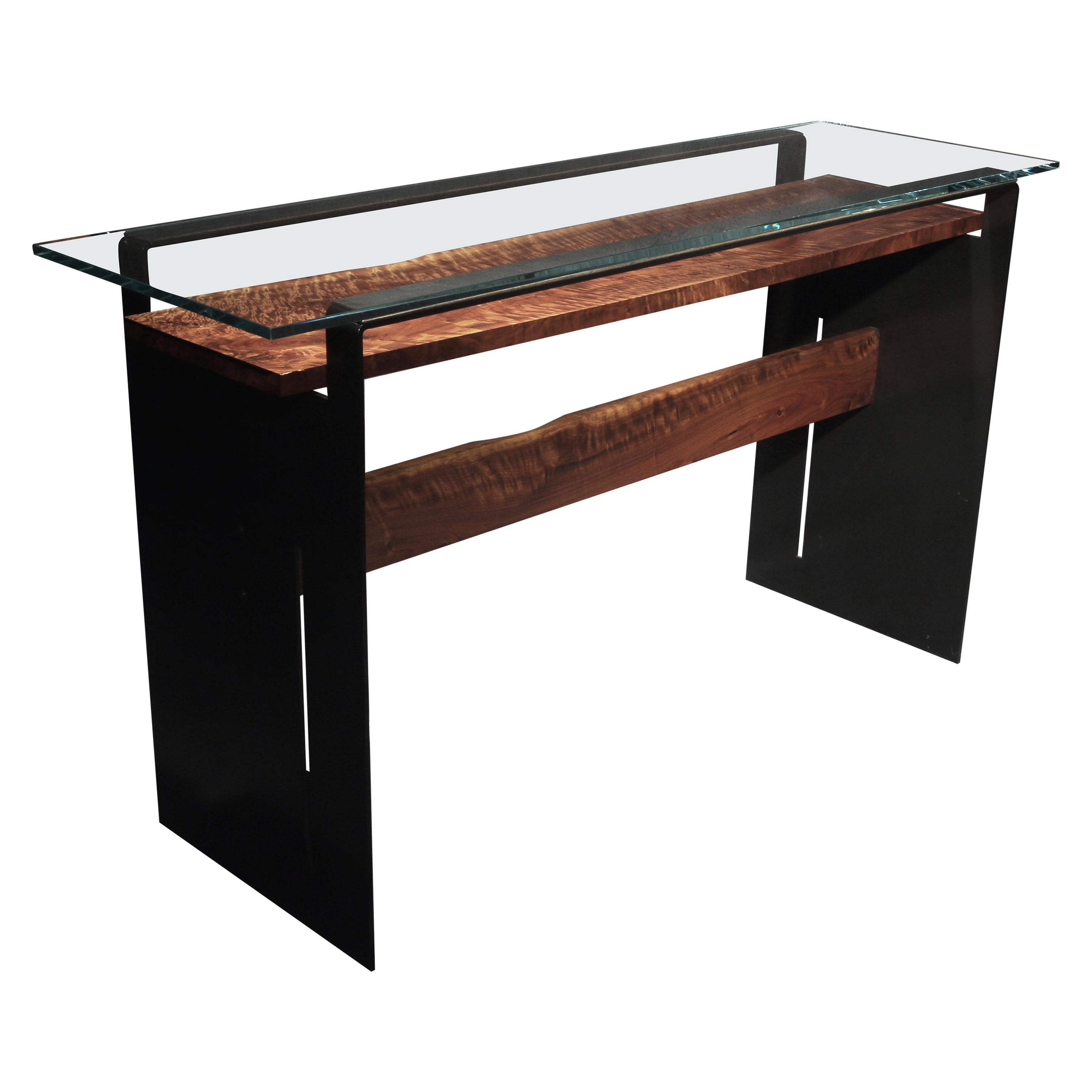 Modern Console Table with Quilted Black Walnut, Steel Frame and Glass: Tiger For Sale