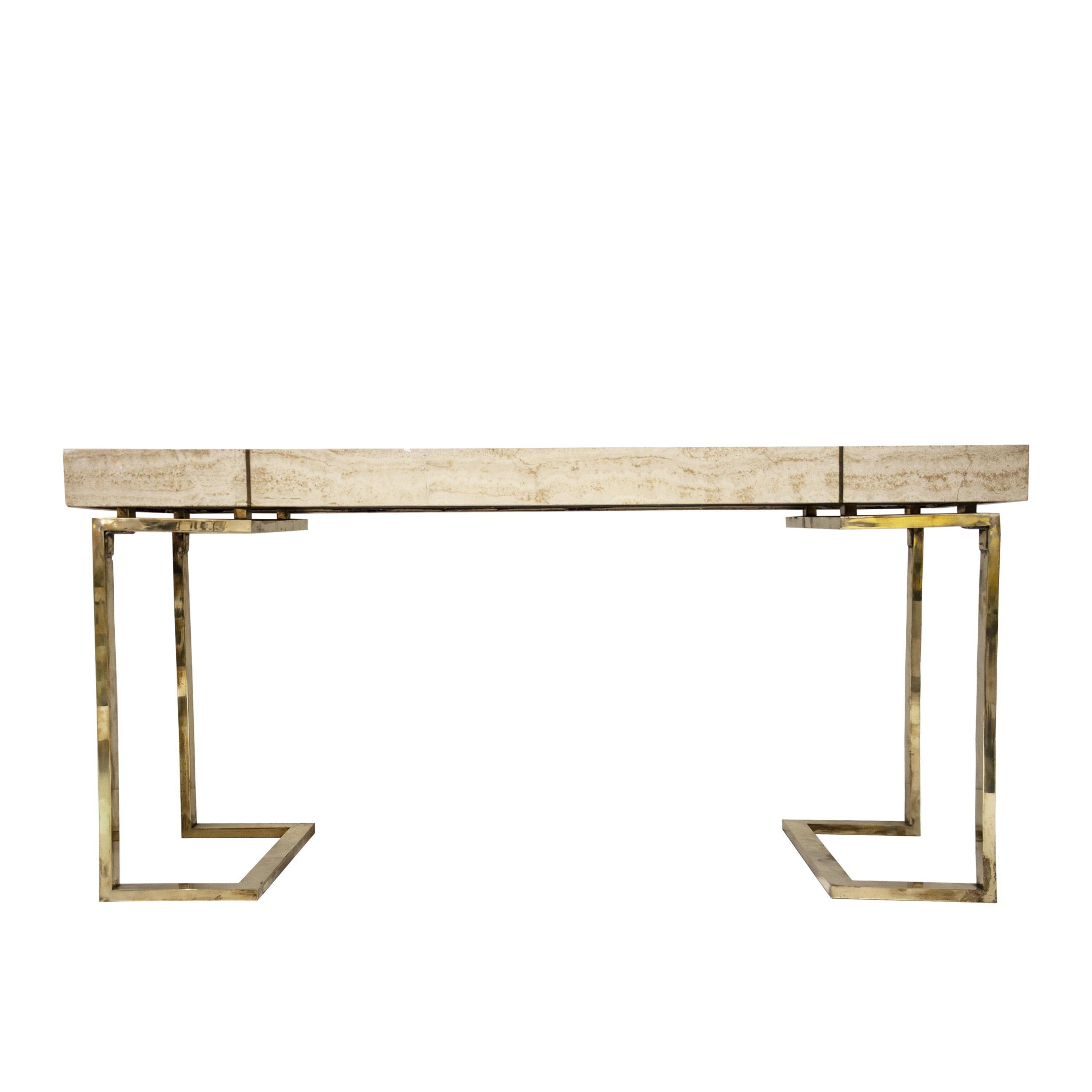 Modern Italian console table. The table contains a thick Travertine top with golden lines details and a square tubular structure in chromed and brass-plated steel.
 Dated to the 1970s.

Base depth: 9 cm.