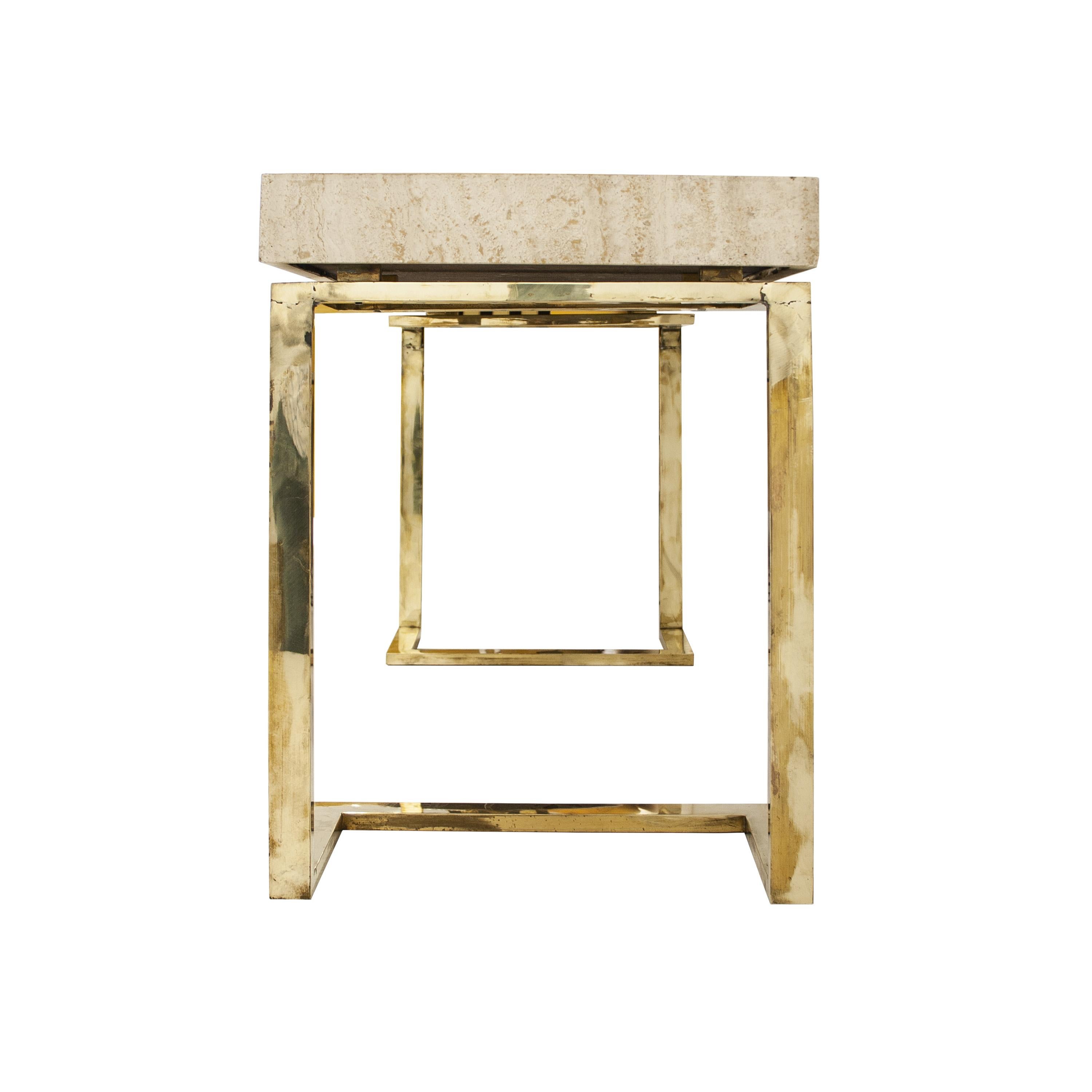 Italian Modern Console Table with Travertine Top and Brass Chromed Base, 1970, Italia For Sale