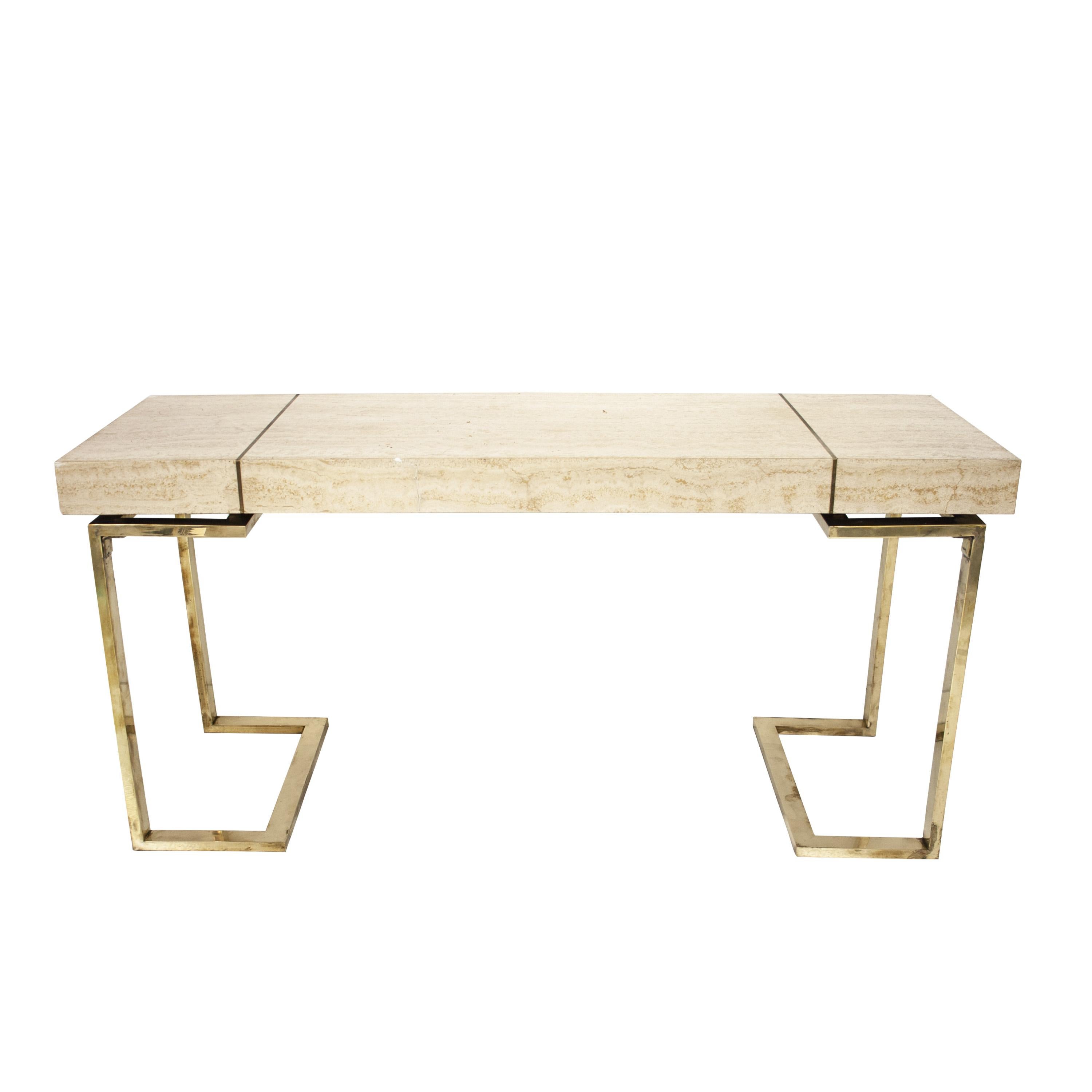 Late 20th Century Modern Console Table with Travertine Top and Brass Chromed Base, 1970, Italia For Sale