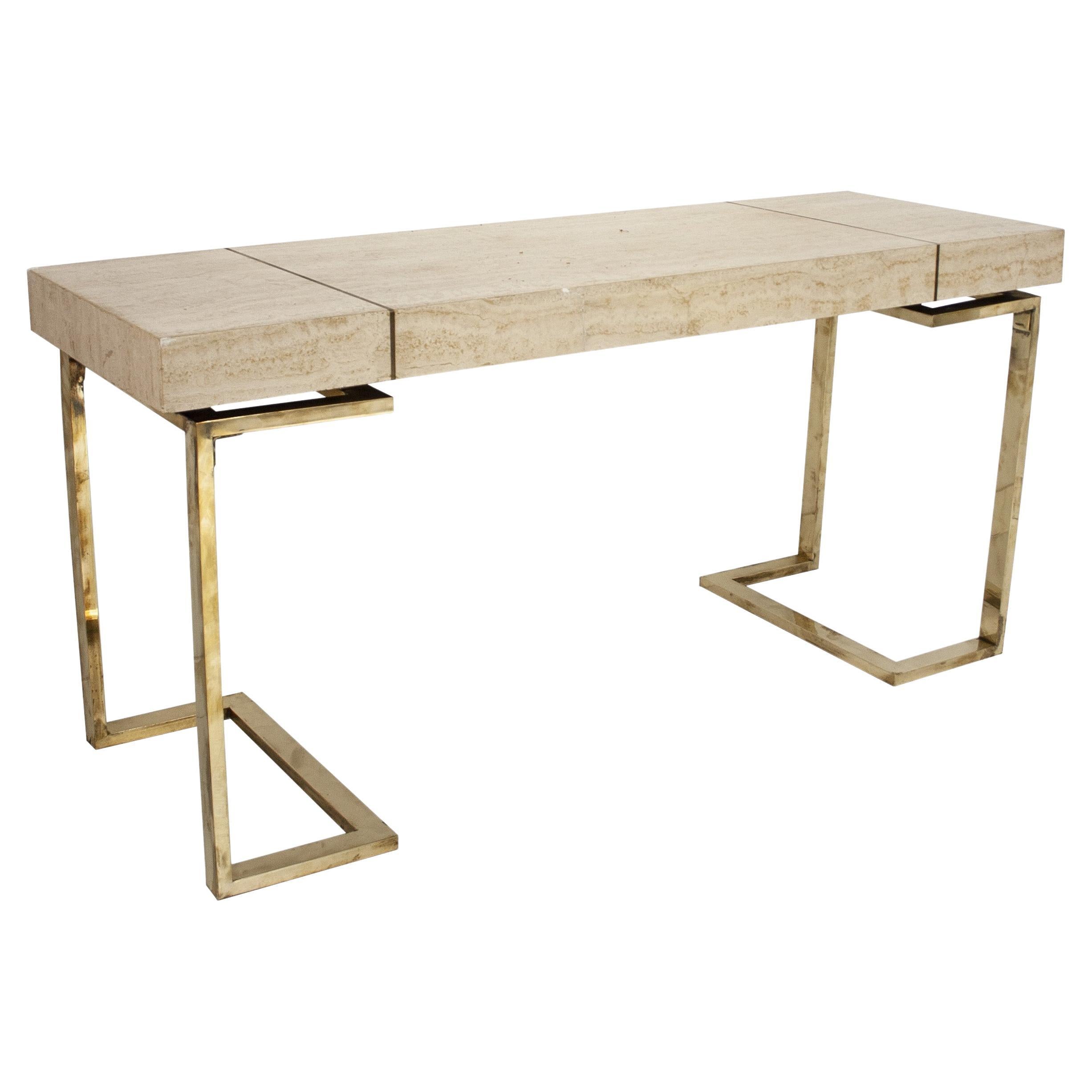 Table console moderne avec plateau en travertin et base chromée en laiton, 1970, Italie