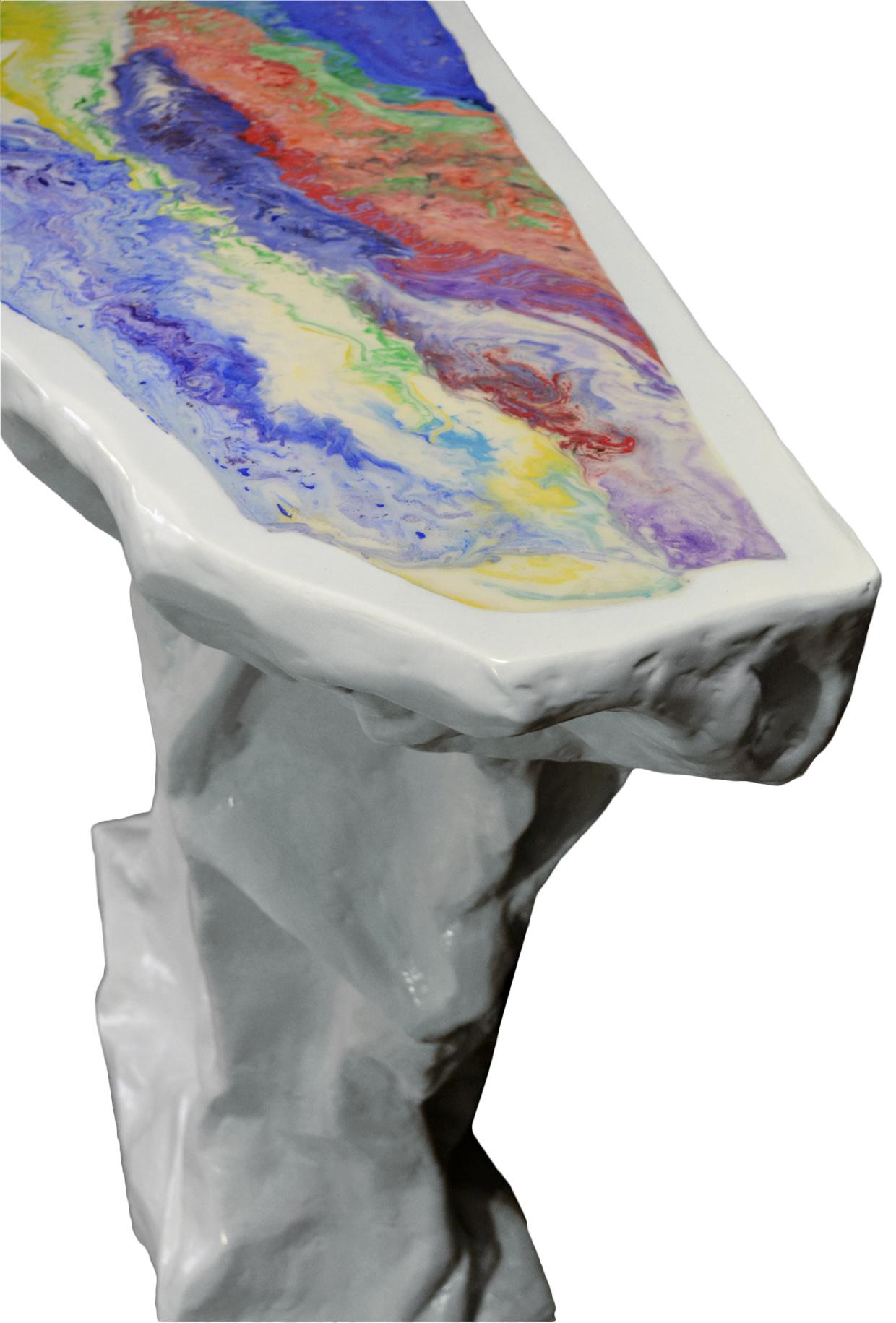 Hand-Crafted Console White Resin Sculpture with Multicolor Top Handmade in Italy by Cupioli For Sale
