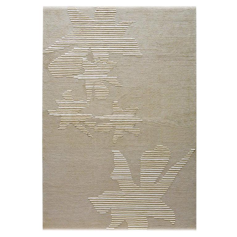 Modern Contemporary Area Rug Beige Taupe, Handmade of Silk and Wool, "Leafdrop" For Sale