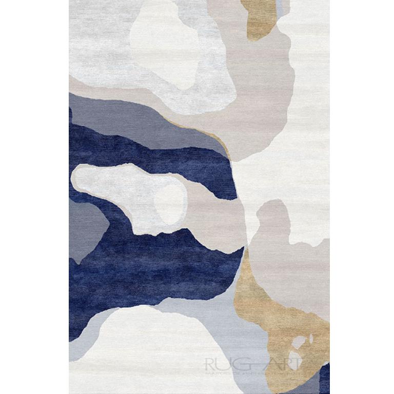 Hand-Knotted Modern Contemporary Area Rug Gold Blue, Handmade Silk and Wool, 