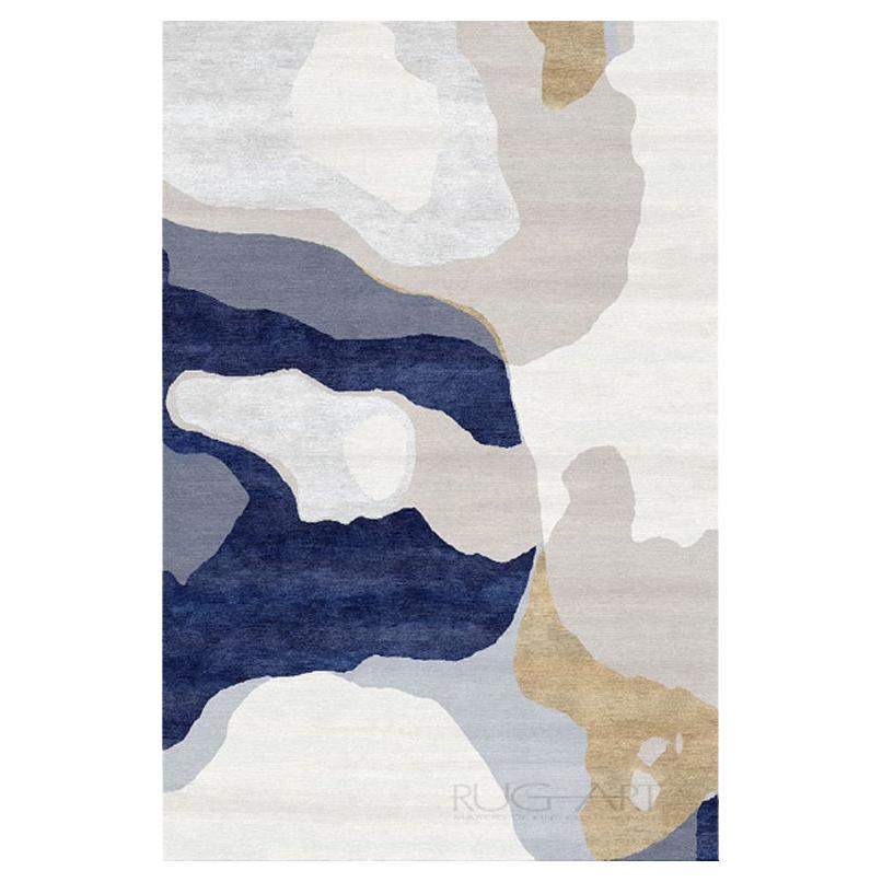 Modern Contemporary Area Rug Gold Blue, Handmade Silk and Wool, "Indi" For Sale