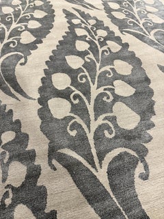 Modern Contemporary Area Rug Grey Taupe, Handmade of Silk and Wool, "Leaflet"