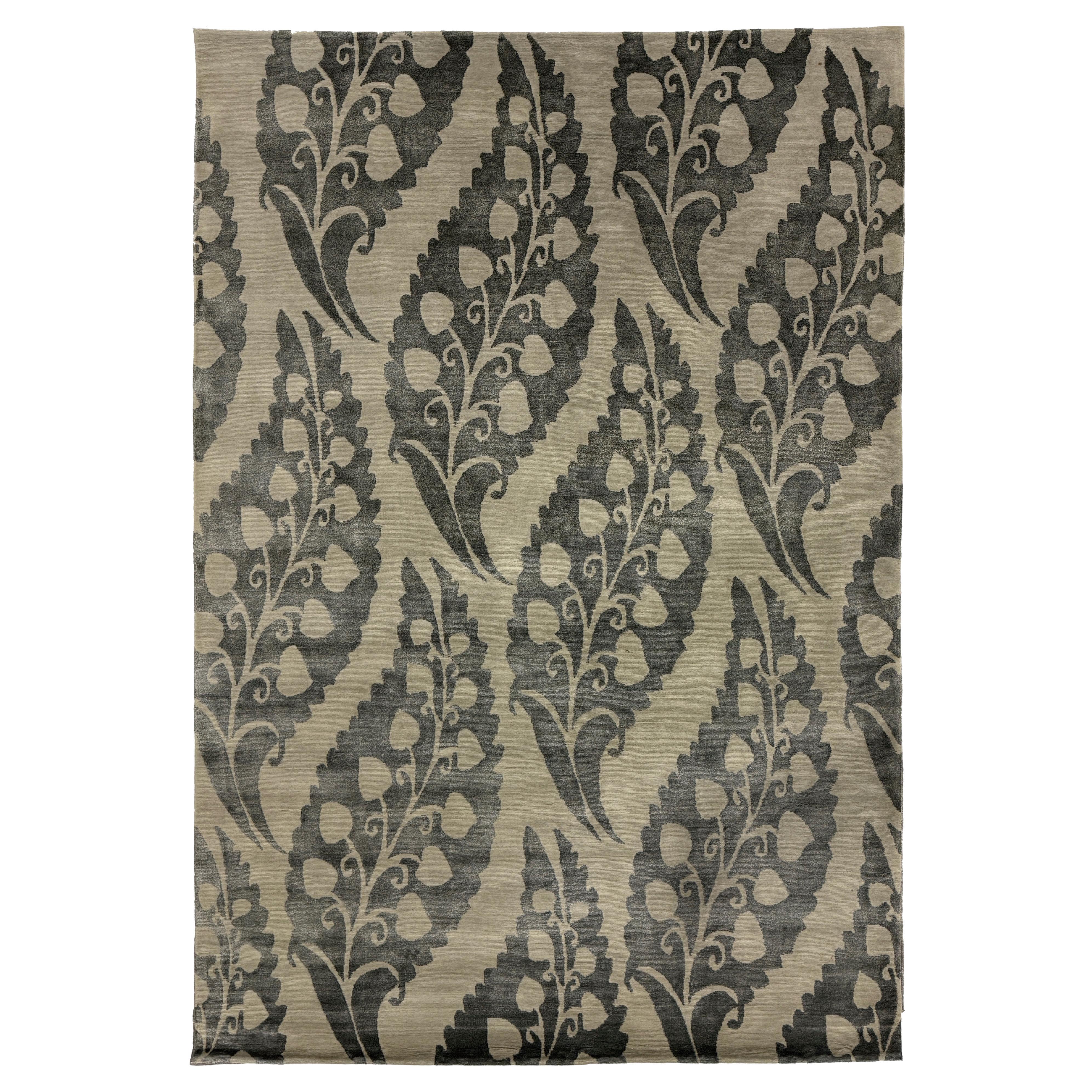 Tapis de zone Modernity Contemporary Gris Taupe, fait main en soie et laine, "Leaflet" en vente