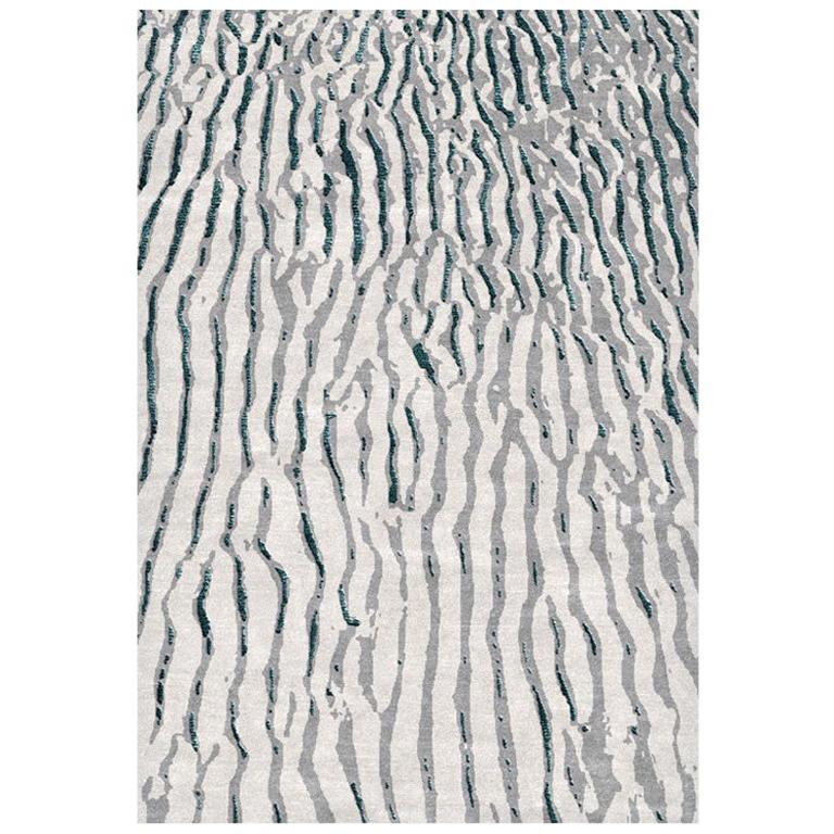 Modern Contemporary Area Rug in Beige Green, Handmade of Silk and Wool "Dunes" For Sale