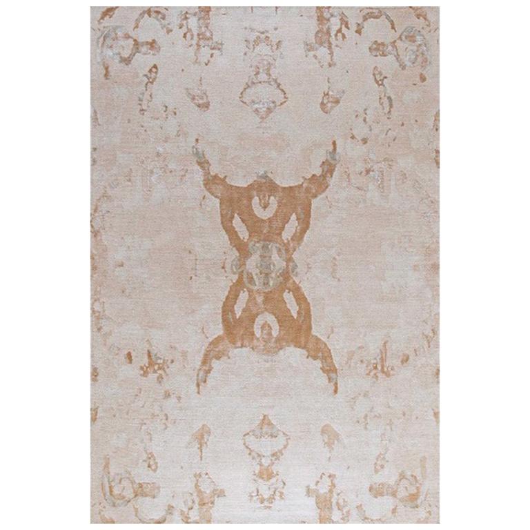 Modern Contemporary Area Rug in Beige, Handmade of Silk and Wool, "Eze" For Sale