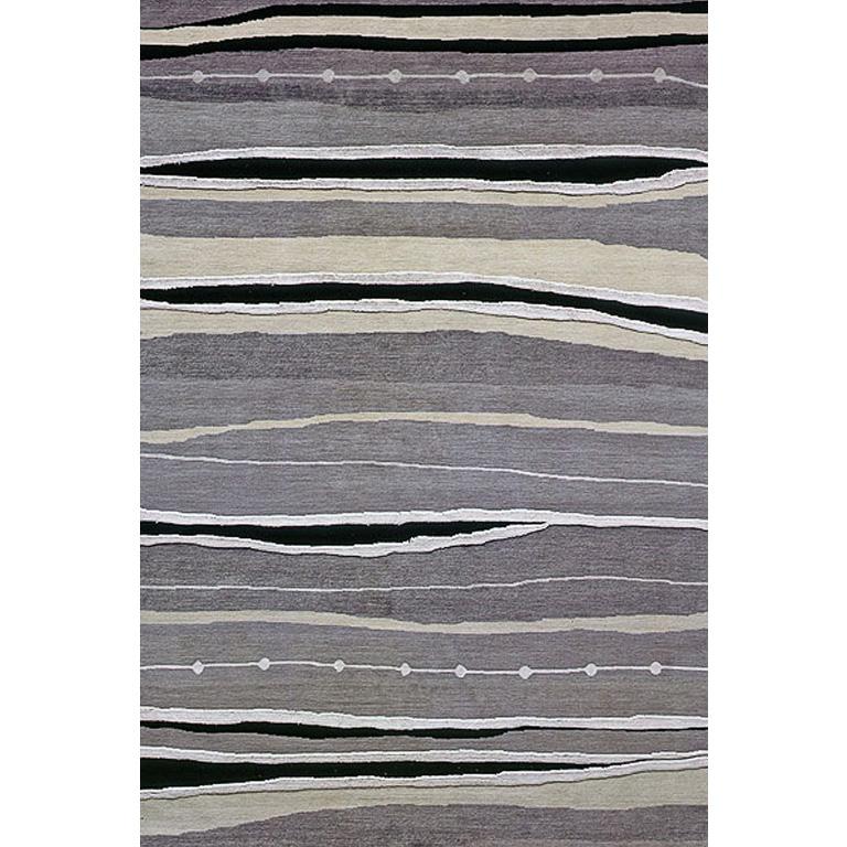 Hand-Knotted Modern Contemporary Area Rug in Black Gray, Handmade of Silk and Wool, 