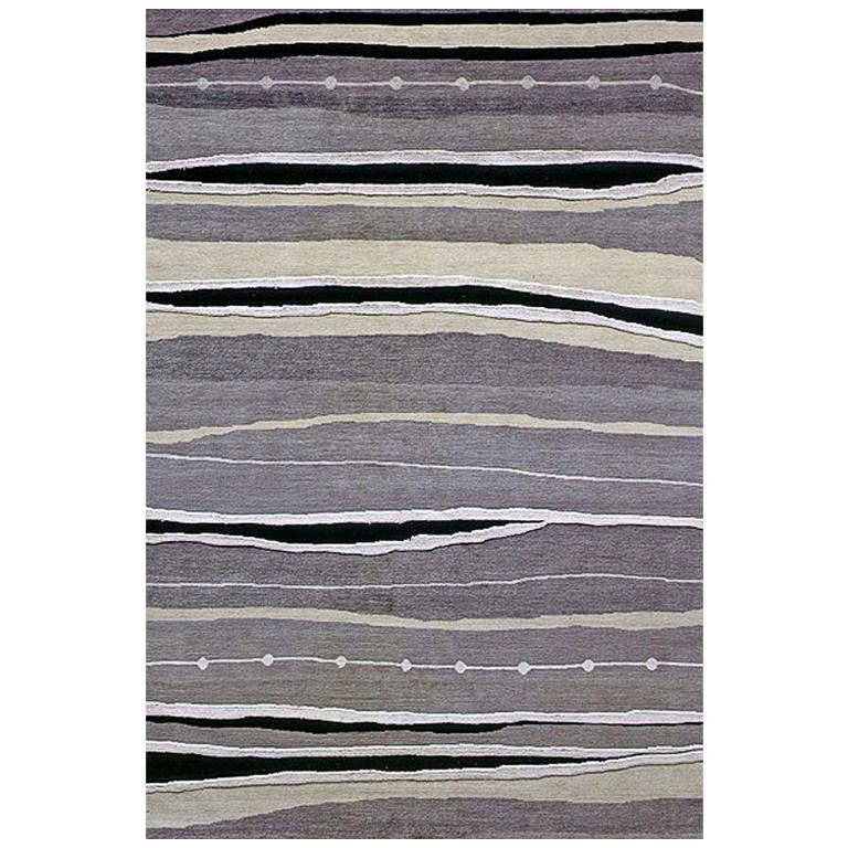 Modern Contemporary Area Rug in Black Gray, Handmade of Silk and Wool, "Frost" For Sale