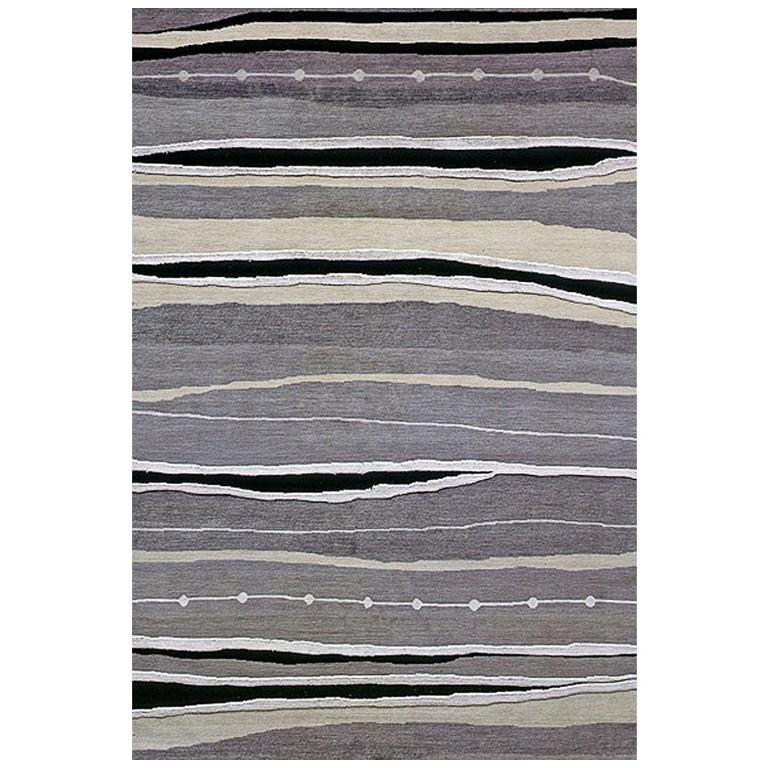 Modern Contemporary Area Rug in Black Gray, Handmade of Silk and Wool, "Frost"