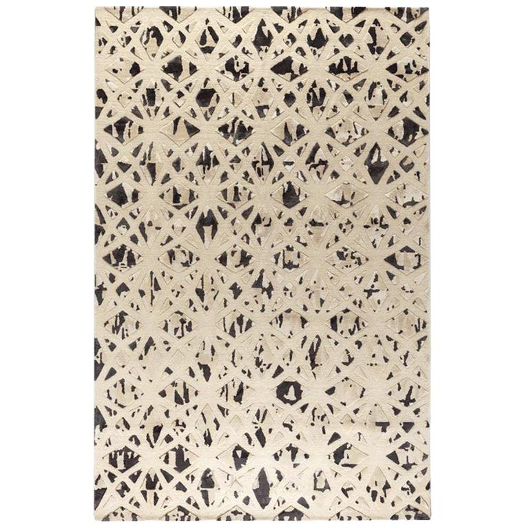 Modern Contemporary Area Rug in Black White, Handmade of Silk and Wool, "Luxe" For Sale