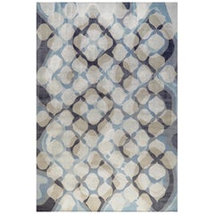 Area Rug in Blue Black Contemporary, Handmade of Silk and Wool, "Epic"