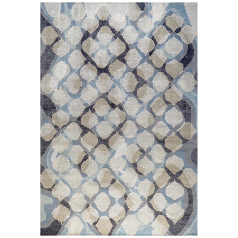 Epic Handmade Rug Area Rug in Blue Black Contemporary, Handmade of Silk and Wool,