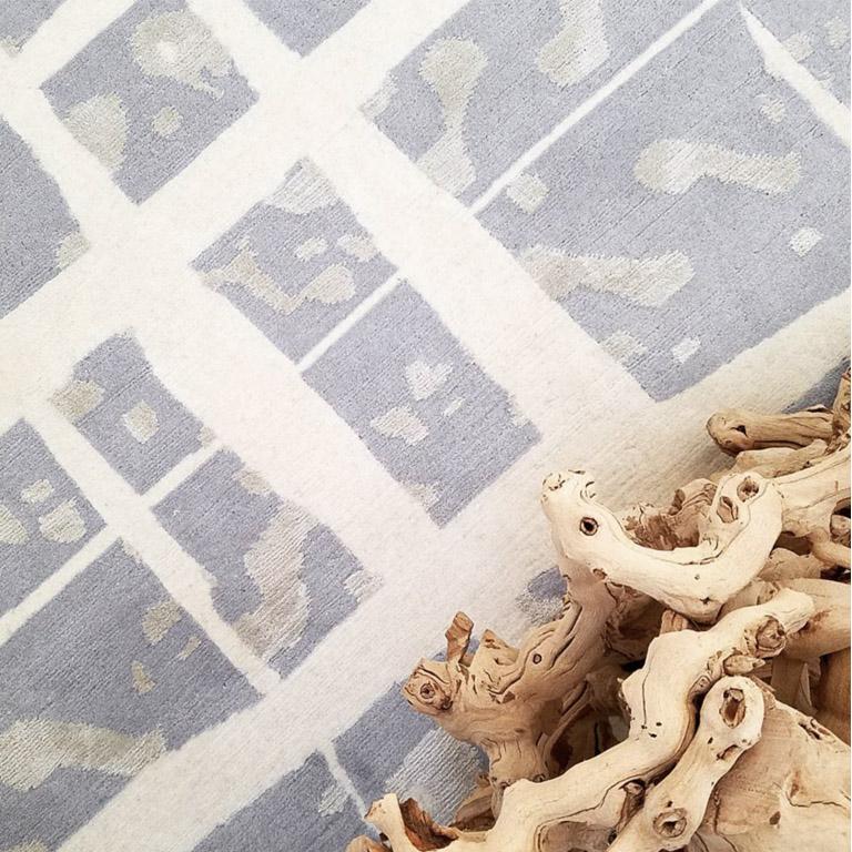 Hand-Knotted Modern Contemporary Area Rug in Blue Gray Handmade of Silk and Wool, 
