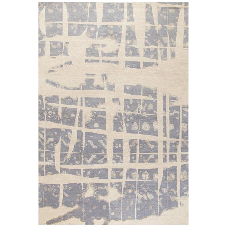 Modern Contemporary Area Rug in Blue Gray Handmade of Silk and Wool, "Note" For Sale