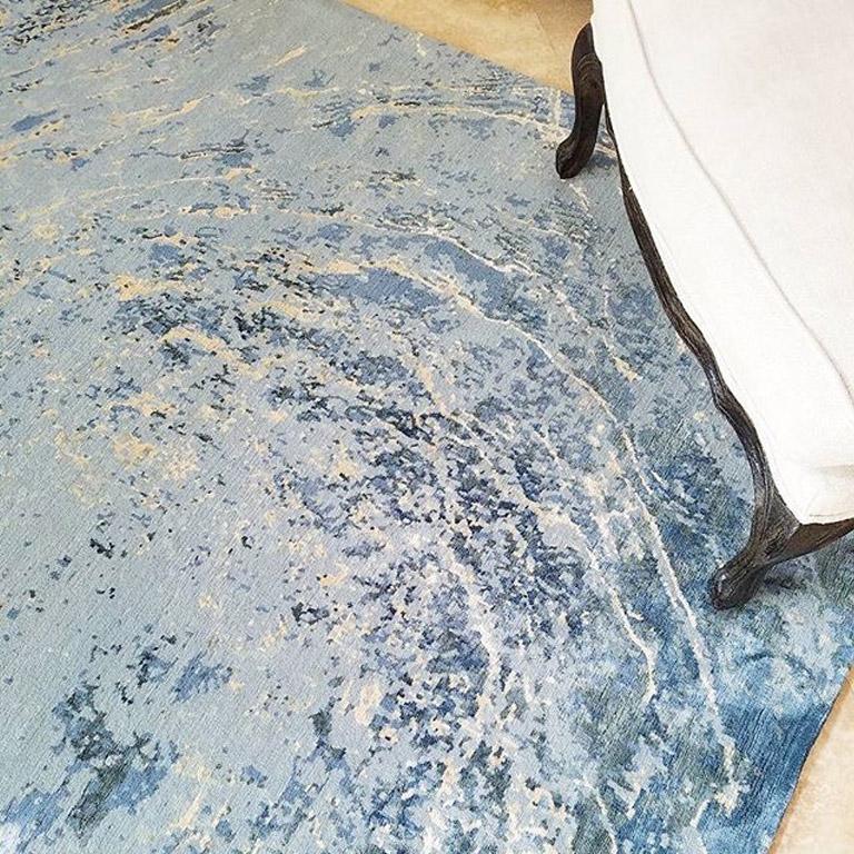 Modern Contemporary Area Rug in Blue, Handmade of Silk and Wool, 