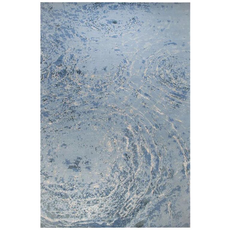 Modern Contemporary Area Rug in Blue, Handmade of Silk and Wool, "Oceans" For Sale