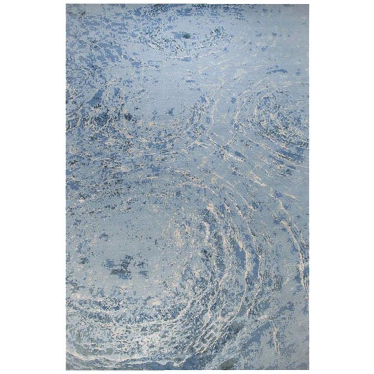 Contemporary Area Rug in Blue, Handmade of Silk and Wool, 150-knot "Oceans" For Sale