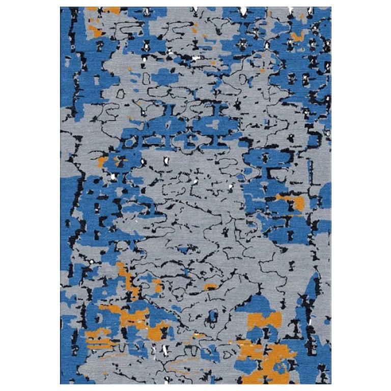 Area Rug in Blue Orange Modern Contemporary, Handmade of Silk and Wool "Nomad" For Sale