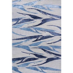 Modern Contemporary Area Rug in Blues, Handmade of Silk and Wool, "Heliconia"