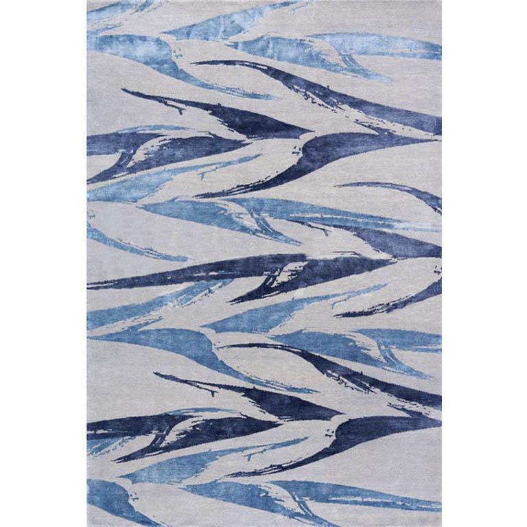 Nepalese Modern Contemporary Area Rug in Blues, Handmade of Silk and Wool, 