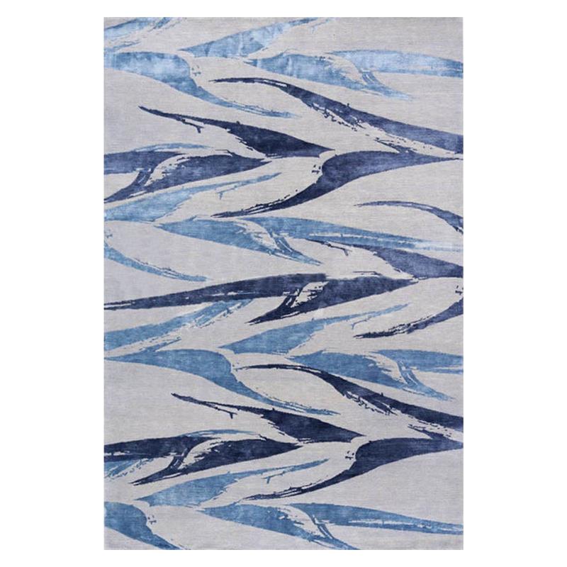 Modern Contemporary Area Rug in Blues, Handmade of Silk and Wool, "Heliconia" For Sale