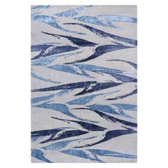 Modern Contemporary Area Rug in Blues, Handmade of Silk and Wool, "Heliconia"