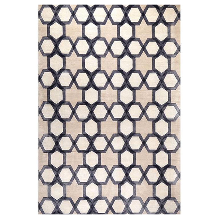 Modern Contemporary Area Rug in Ivory Gray, Handmade Silk and Wool, "Ambient"