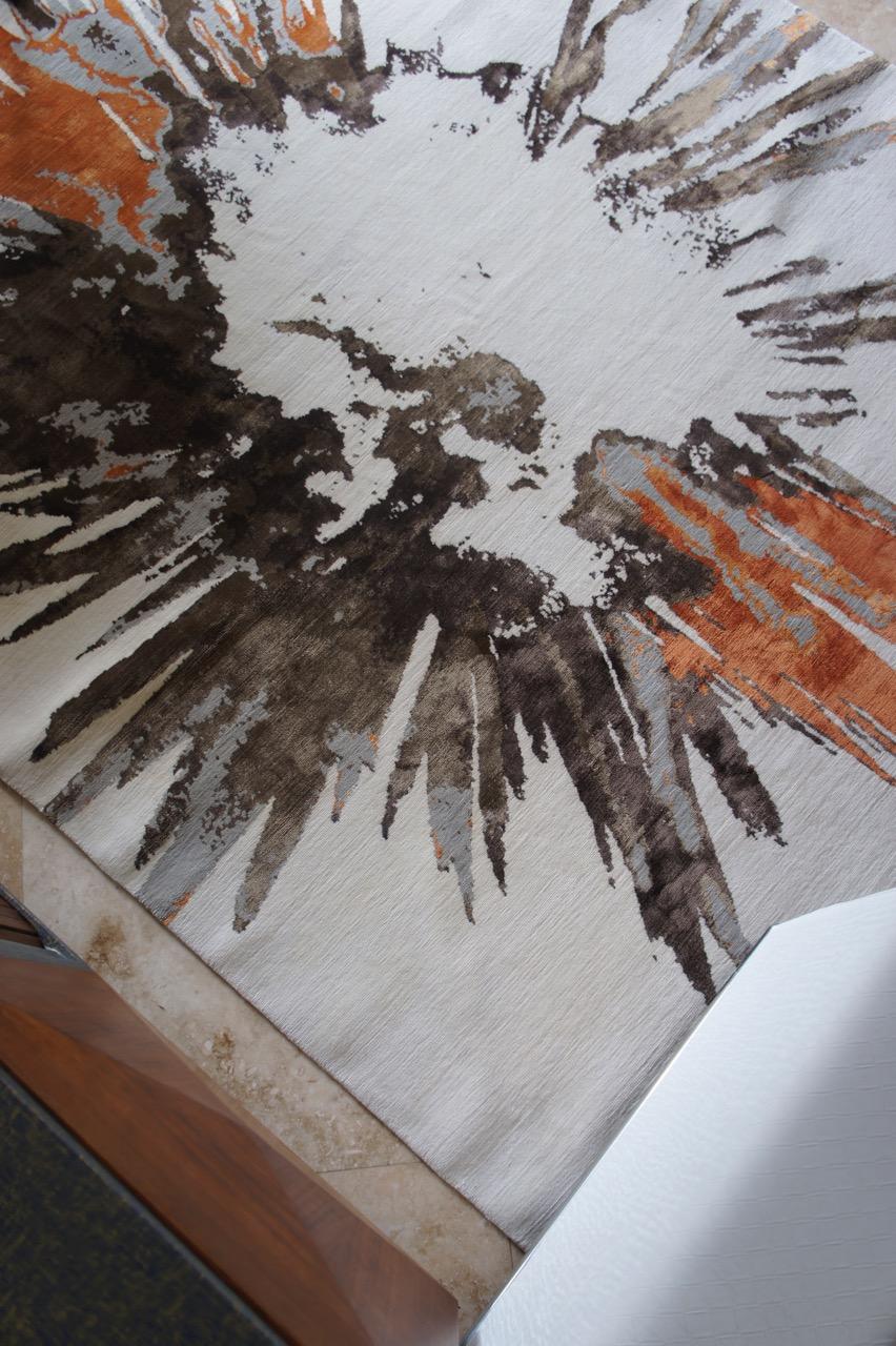 Annodato a mano Tappeto moderno e contemporaneo in arancione avorio, realizzato a mano in seta e lana 